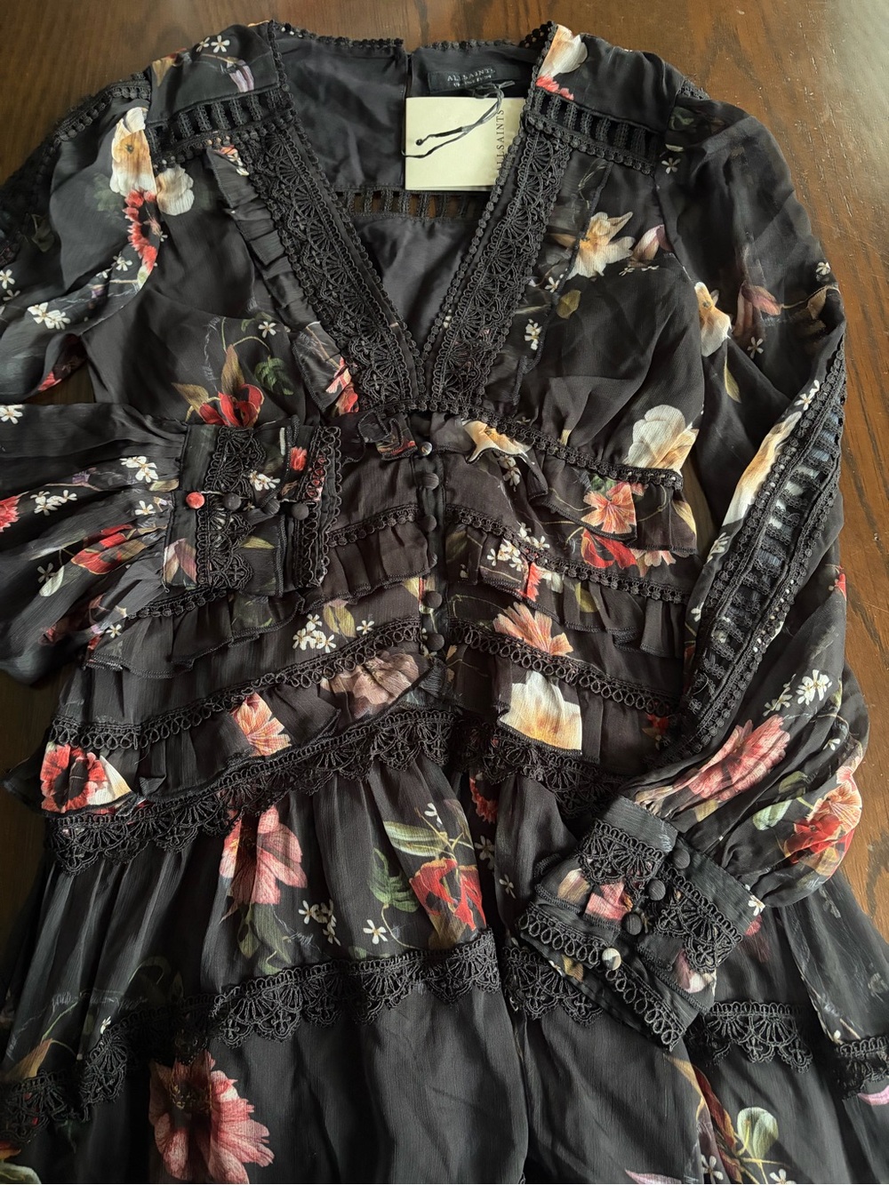 NEW ALL SAINTS Zora Floral Ruffle Midi Dress Size 2